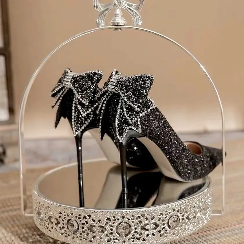 Sohiwoo Shoes for Woman Stilito Silver Women's Summer Footwear Wedding Bride Shoe Rhinestone Pointed Toe Super High Heel Diamond 39