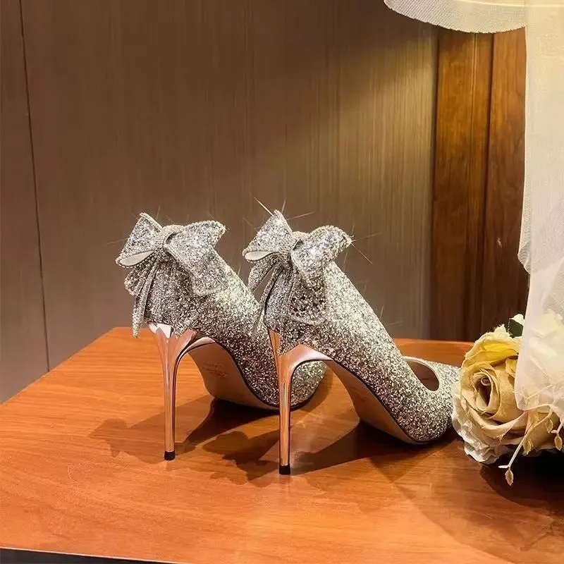 Sohiwoo Shoes for Woman Stilito Silver Women's Summer Footwear Wedding Bride Shoe Rhinestone Pointed Toe Super High Heel Diamond 39