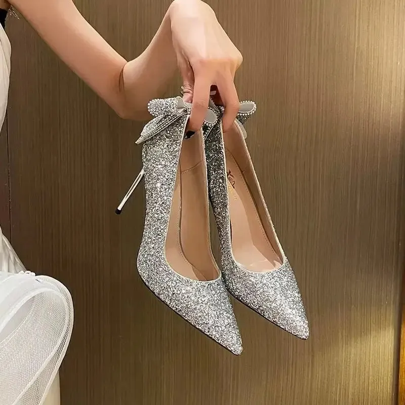 Sohiwoo Shoes for Woman Stilito Silver Women's Summer Footwear Wedding Bride Shoe Rhinestone Pointed Toe Super High Heel Diamond 39