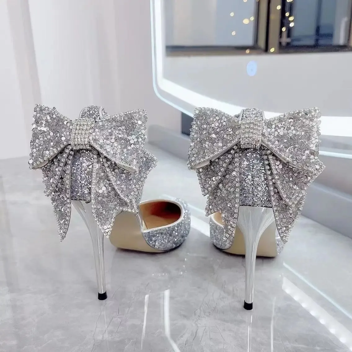 Sohiwoo Shoes for Woman Stilito Silver Women's Summer Footwear Wedding Bride Shoe Rhinestone Pointed Toe Super High Heel Diamond 39