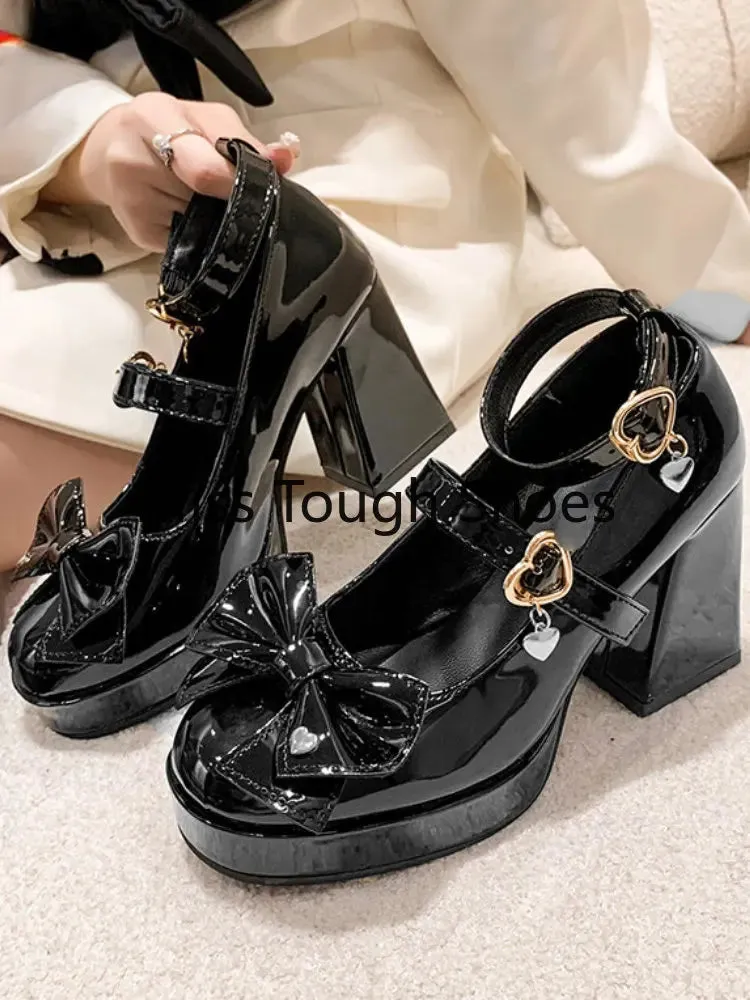 Sohiwoo Women Pumps Mary Jane Lolita Shoes Gothic Chunky High Heel Platform Shoes Female Tied Cosplay Harajuku Black Shoes Bows Heart