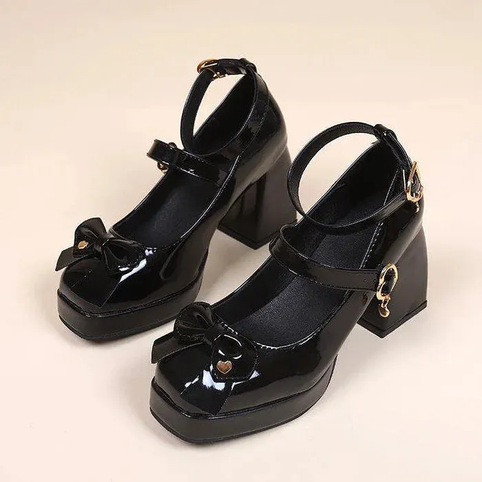 Sohiwoo Women Pumps Mary Jane Lolita Shoes Gothic Chunky High Heel Platform Shoes Female Tied Cosplay Harajuku Black Shoes Bows Heart