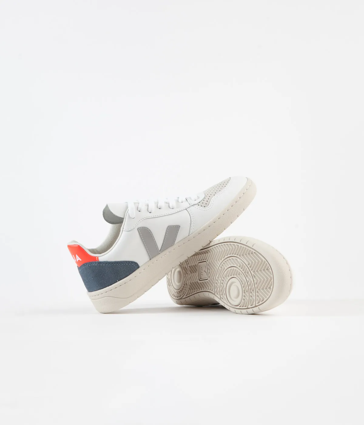 Veja Womens V-10 Leather Shoes - Extra White / Oxford Grey / Orange Fluoro