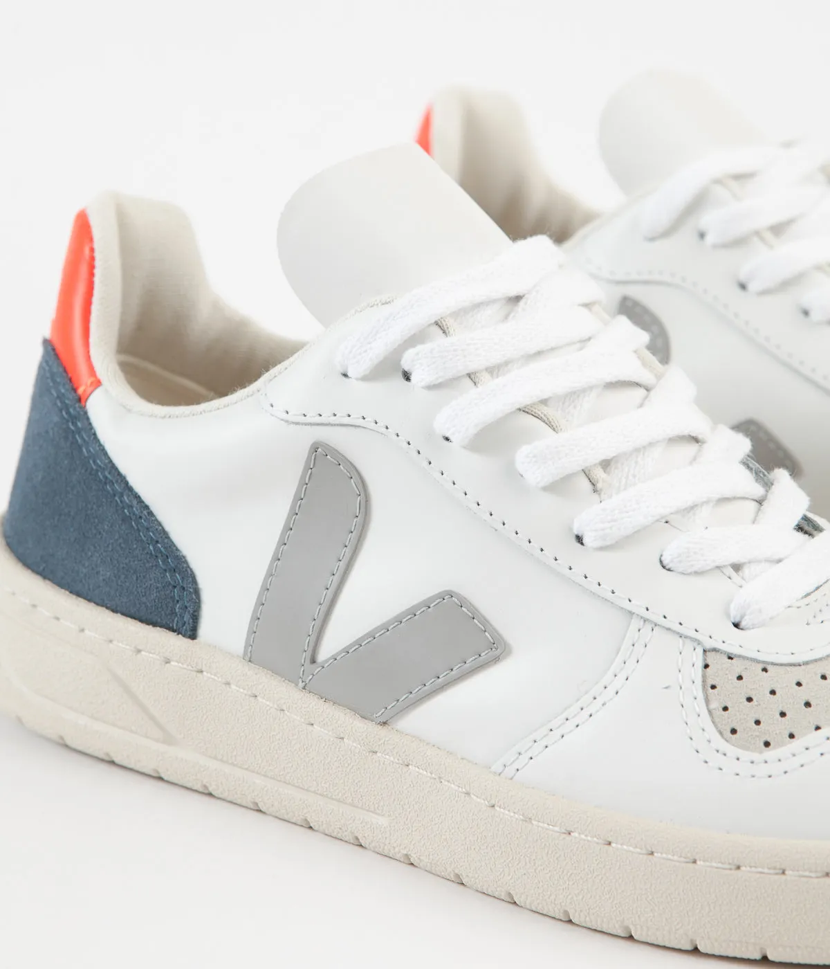 Veja Womens V-10 Leather Shoes - Extra White / Oxford Grey / Orange Fluoro