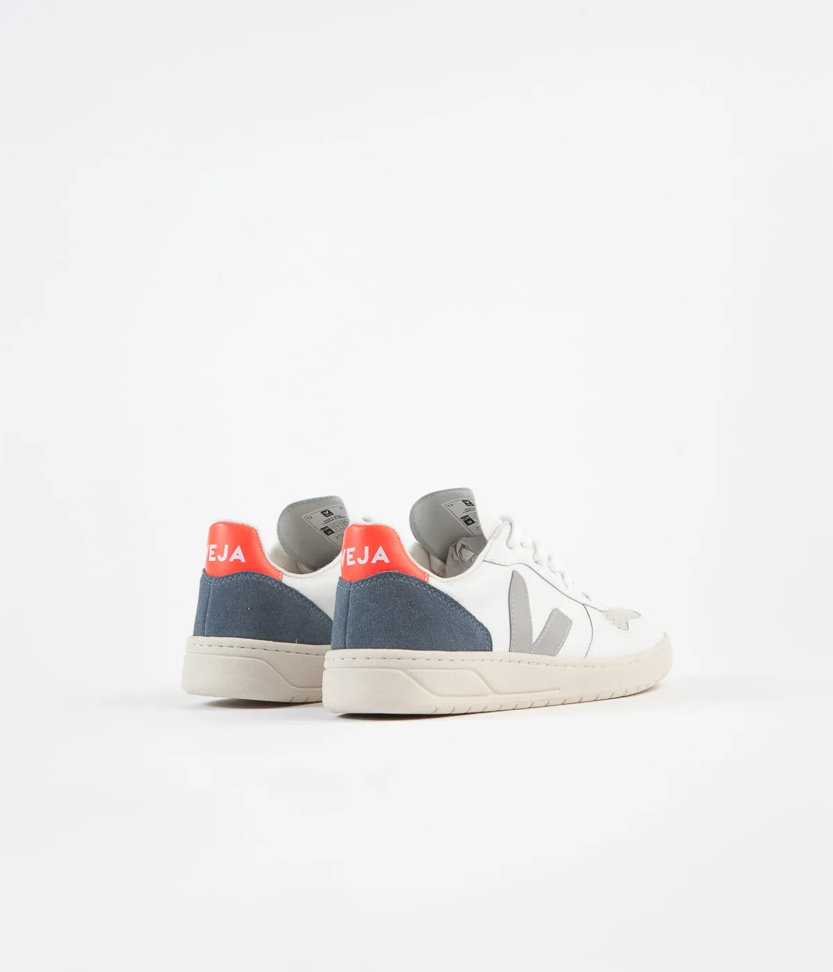 Veja Womens V-10 Leather Shoes - Extra White / Oxford Grey / Orange Fluoro