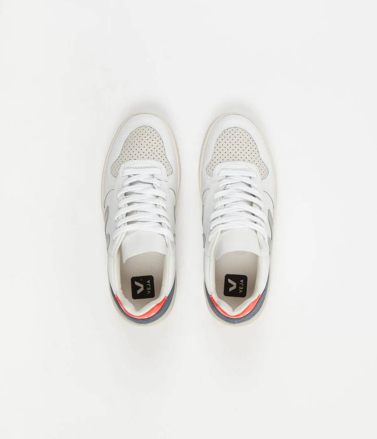 Veja Womens V-10 Leather Shoes - Extra White / Oxford Grey / Orange Fluoro
