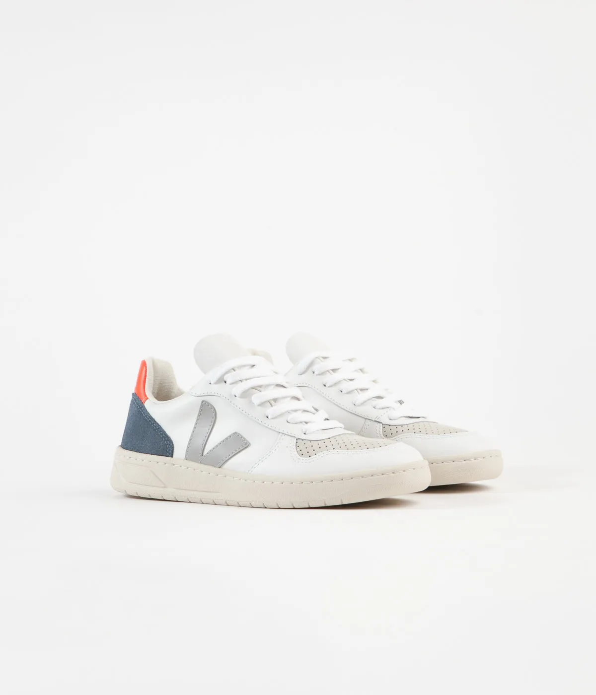 Veja Womens V-10 Leather Shoes - Extra White / Oxford Grey / Orange Fluoro