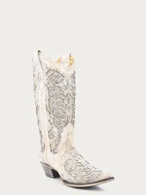 White Glitter Inlay & Crystal Cowgirl boots