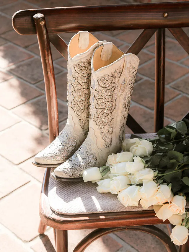 White Glitter Inlay & Crystal Cowgirl boots
