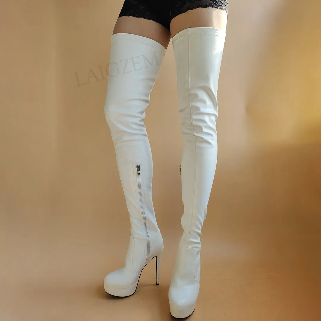 White Stretchy Thigh High Boots