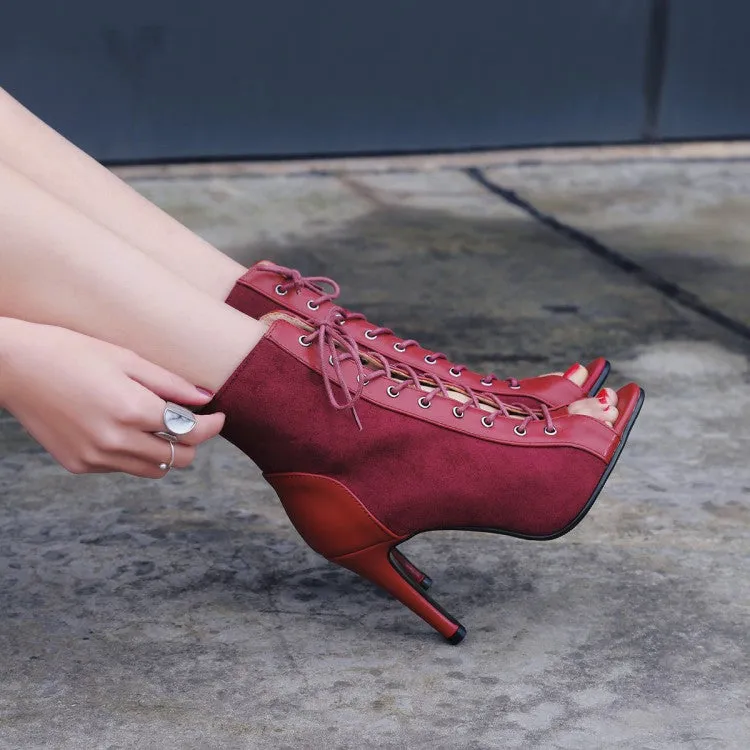 Women's 7cm/9cm Heel Suede Jazz Shoes Rubber Sole Open Toe Cut Out Bootie