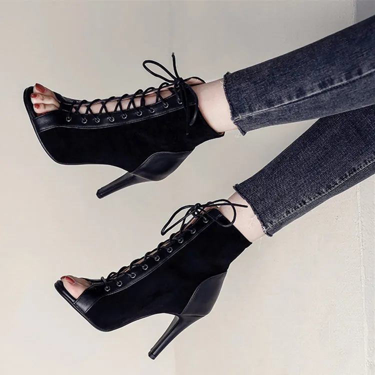Women's 7cm/9cm Heel Suede Jazz Shoes Rubber Sole Open Toe Cut Out Bootie