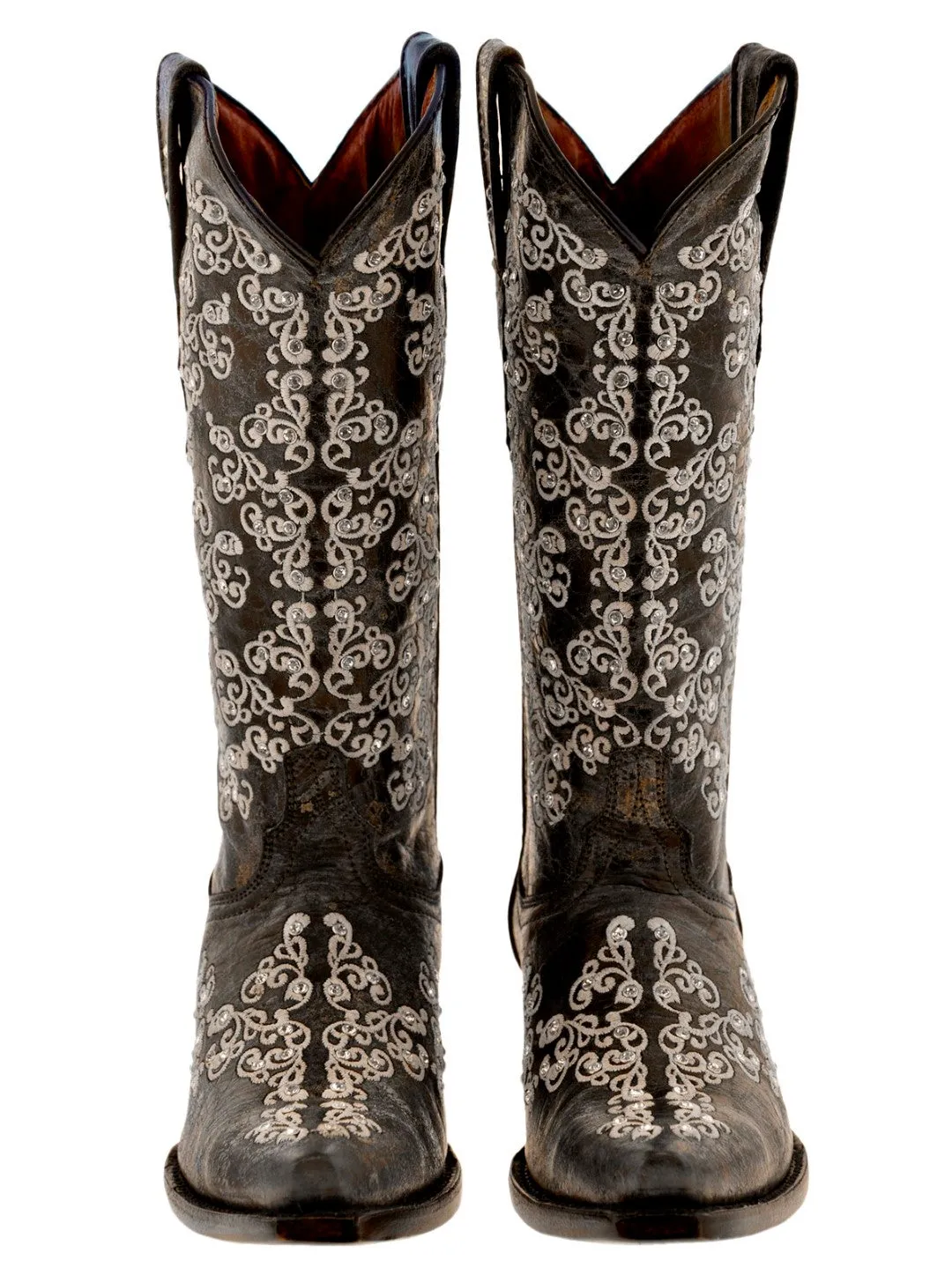 Womens Cleo Brown Leather Cowboy Boots Floral Embroidered - Snip Toe