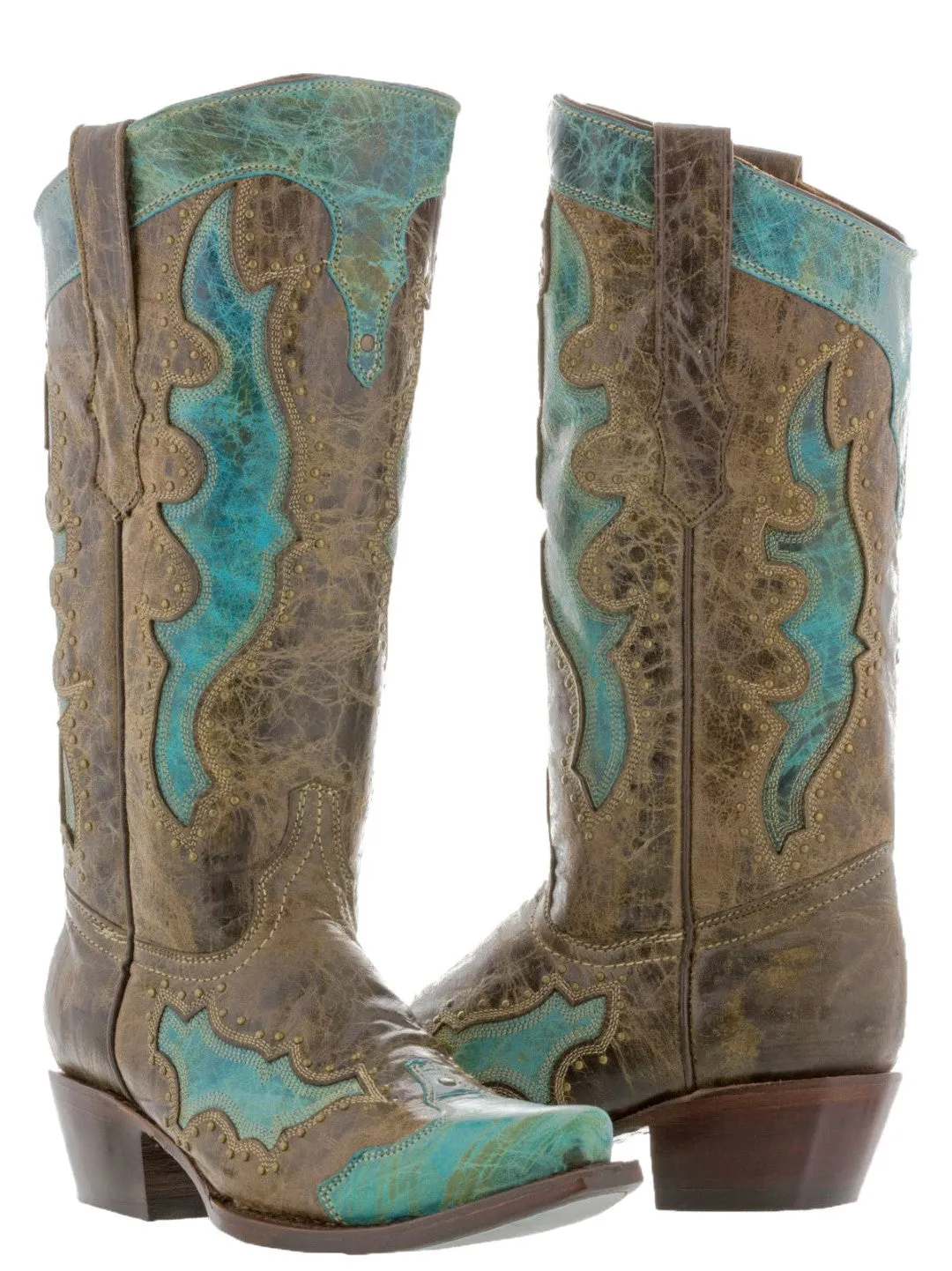 Womens Kenia Turquoise Western Cowboy Boots Studded - Snip Toe