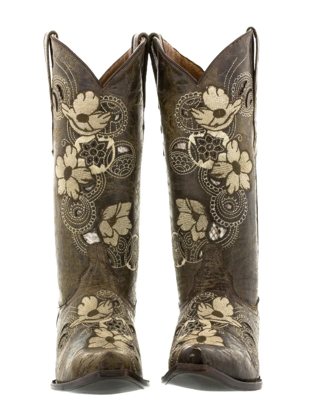 Womens Noruega Brown Leather Cowboy Boots Floral - Snip Toe
