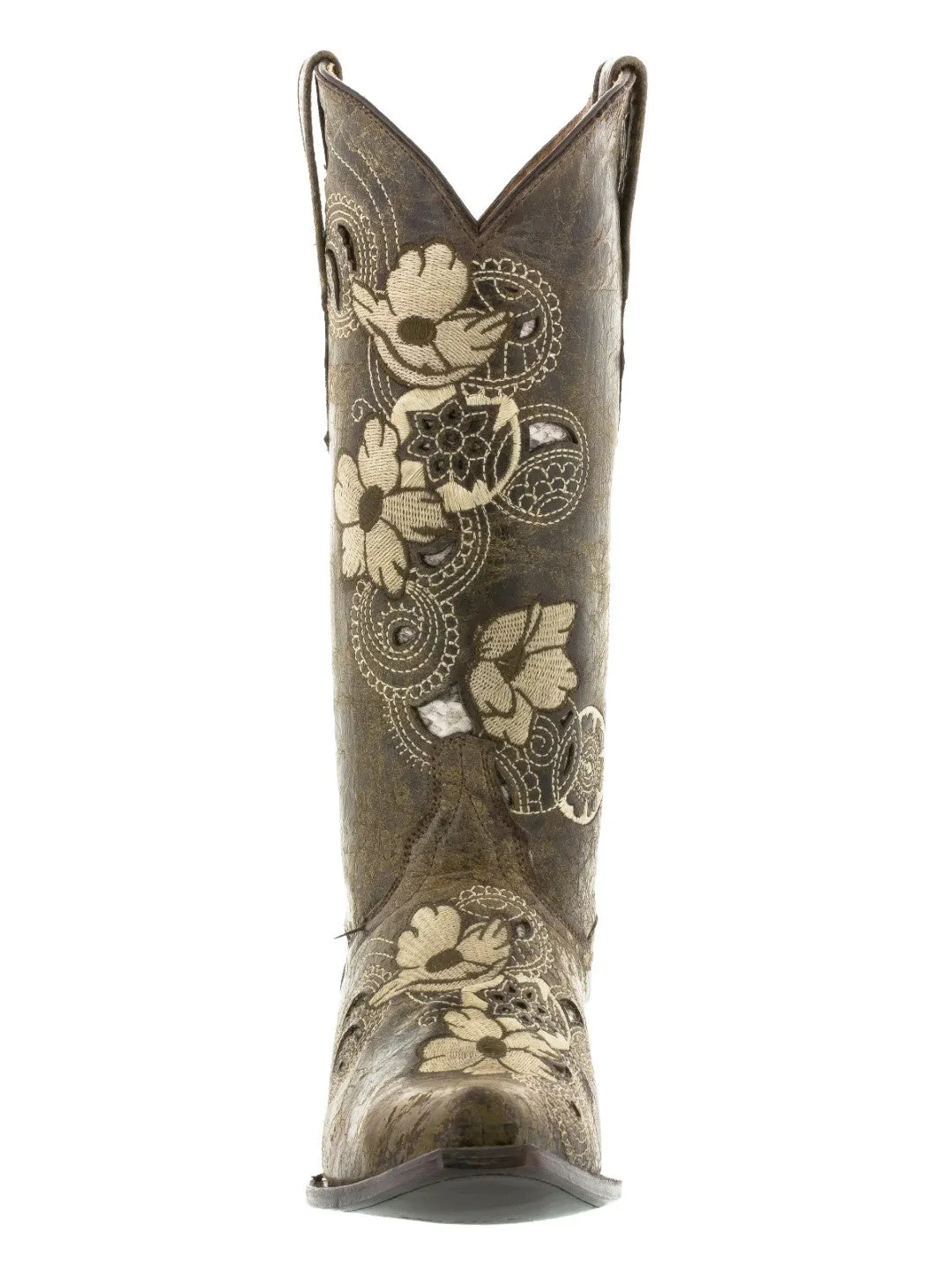 Womens Noruega Brown Leather Cowboy Boots Floral - Snip Toe