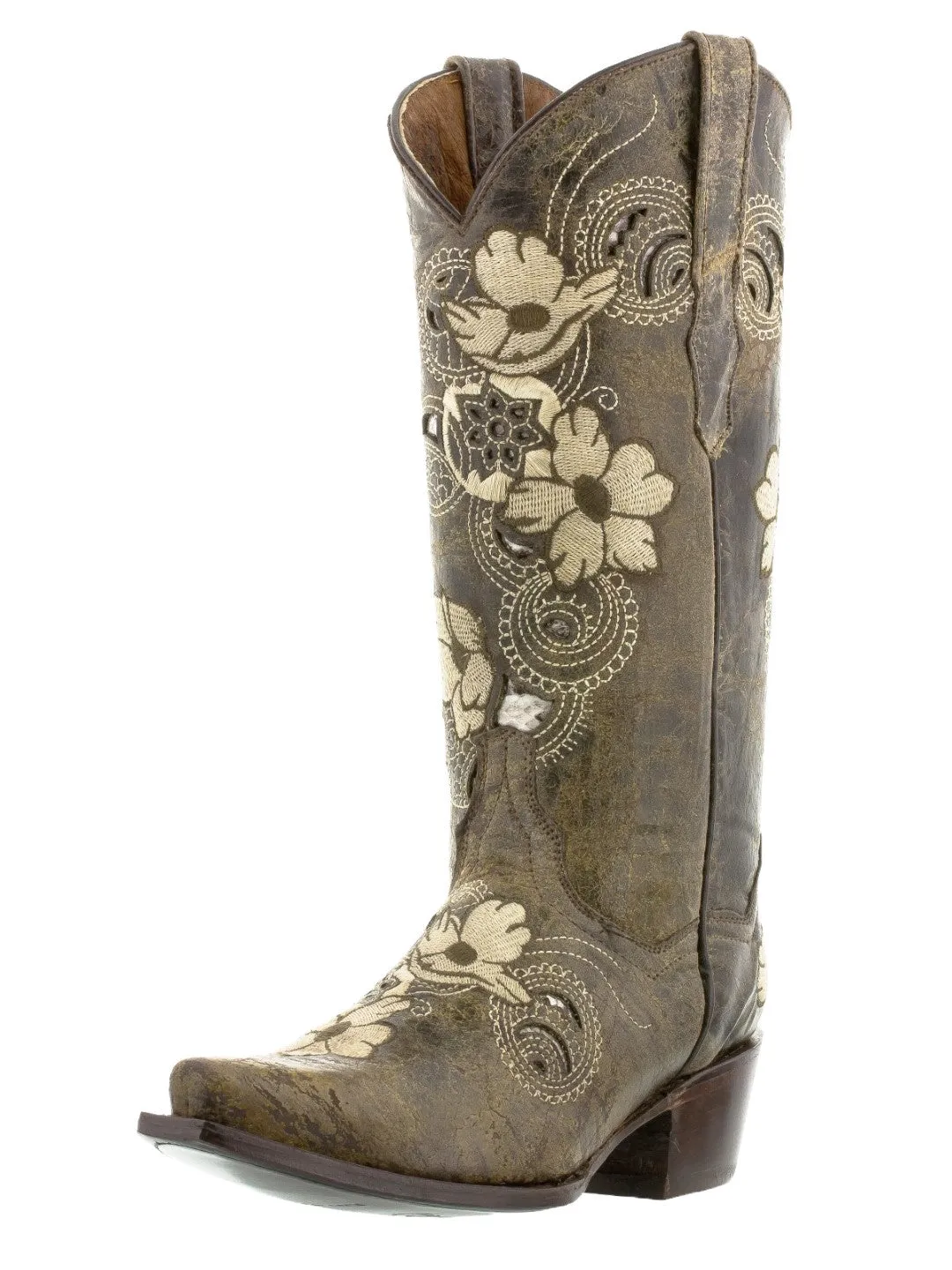Womens Noruega Brown Leather Cowboy Boots Floral - Snip Toe