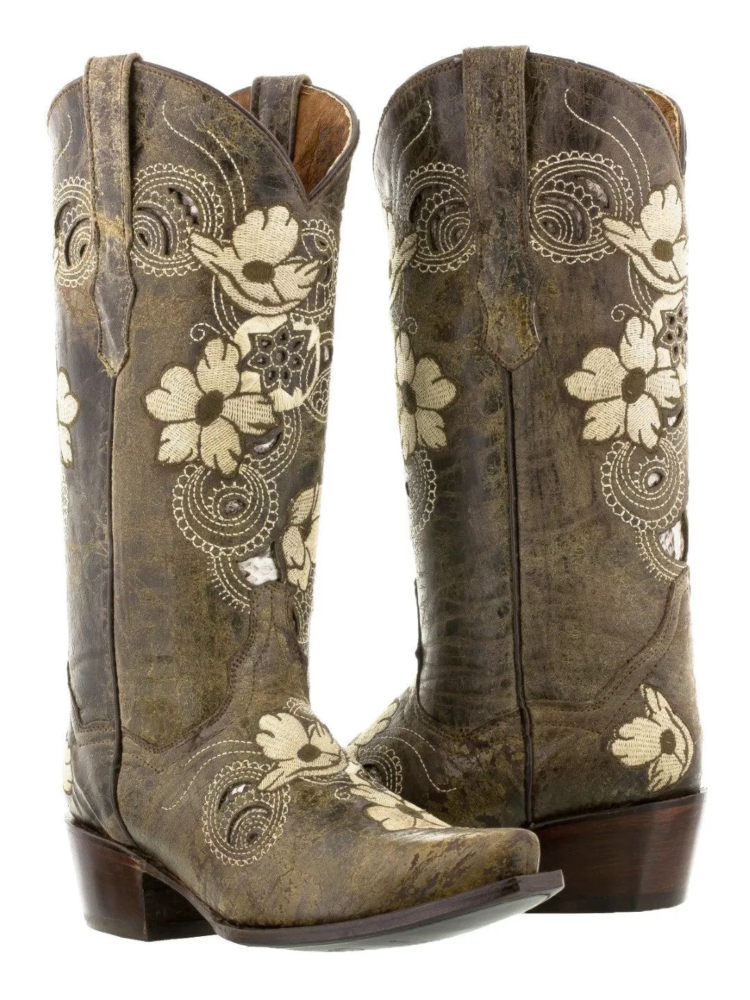 Womens Noruega Brown Leather Cowboy Boots Floral - Snip Toe