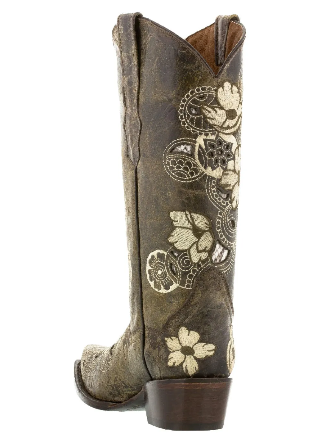 Womens Noruega Brown Leather Cowboy Boots Floral - Snip Toe