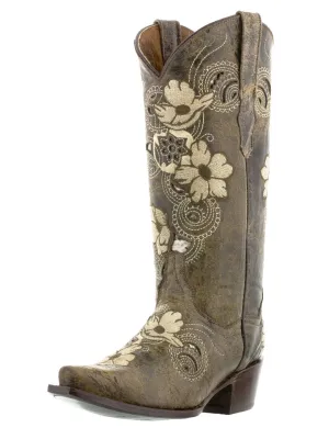 Womens Noruega Brown Leather Cowboy Boots Floral - Snip Toe