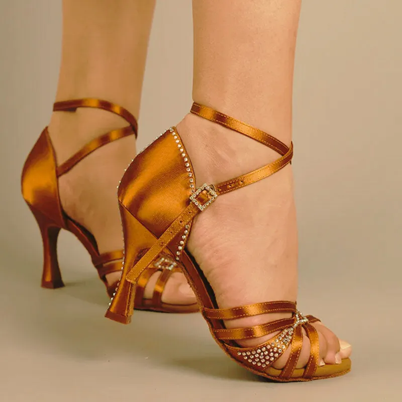 Women's Semi Crystal 5 Straps Dark Brown Satin Latin Dance Shoes
