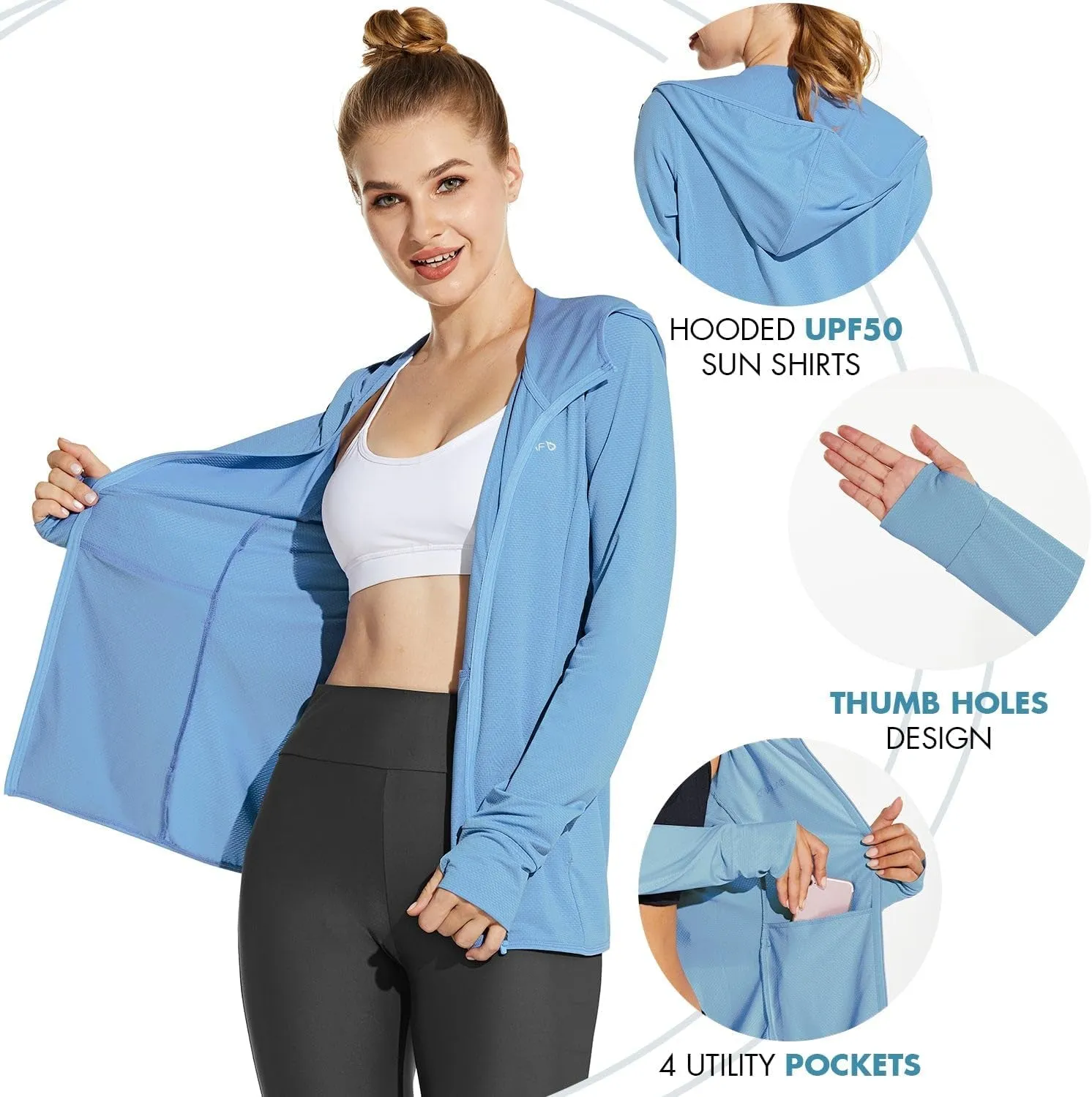 Women'S UPF 50  Sun Protection Jacket Hooded Cooling Shirt with Pockets Hiking Outdoor Performance